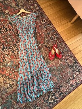 Tiare Hawaii Blue Floral Maxi Dress with Yellow & Pink Blooms
